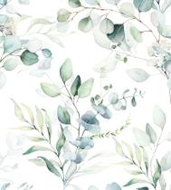 Papel de Parede Floral em Tons de Verde com Fundo Branco Ramos de Eucalipto para Sala Quarto Papel de Parede Floral em Tons de Verde com Fundo Branco Ramos de Eucalipto para Sala Quarto