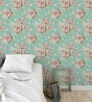 Papel De Parede Floral Fundo ul Turquesa + Kit Aplicação