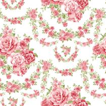 Papel de Parede Floral Rosa, Folhas Verde Fundo Branco