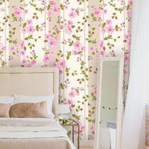Papel de Parede Floral Rosas com Fundo Listrado