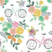 Papel de Parede Flores e Bicicletas Quarto Feminino 57x270cm - Quartinhos