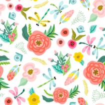 Papel de Parede Flores e Libélulas Quarto Feminino 57x270cm Papel de Parede Flores e Libélulas Quarto Feminino 57x270cm
