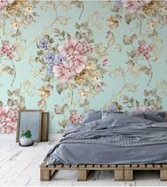 Papel de parede flores rosas e roxa com fundo verde marinho