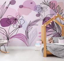 Papel de Parede Folhagem Plantas em Tons Lilás Quarto 9m²