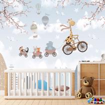 Papel de Parede Foto Mural Infantil Zoo Girafa em Bicicleta e Balões para Sala Quarto Autocolante 100x100cm Papel de Parede Foto Mural Infantil Zoo Girafa em Bicicleta e Balões para Sala Quarto Autocolante 100x100cm