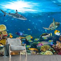 Papel de Parede Fundo do Mar Tartaruga Peixes Sala Adesivo - 129pcm
