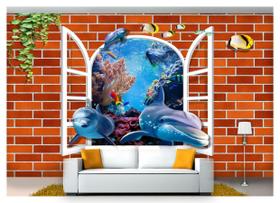 Papel De Parede Golfinhos Janela Vida Mar 3D Fm105