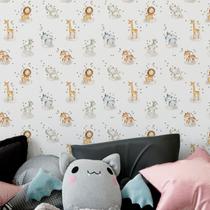 Papel de parede Infantil Aquarela Branca Animais Fofinhos Safari Colorido Decorativo 12m