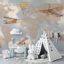 Papel De Parede Infantil De Mapa Mundi Bege Com Nuvens