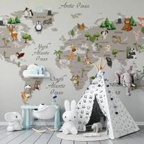 Papel De Parede Infantil De Mapa Mundi Claro Com Animais