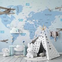 Papel De Parede Infantil De Mapa Mundi Em Tons De Azul