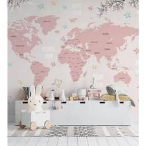 Papel De Parede Infantil De Mapa Mundi Rosa Com Flores