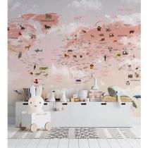 Papel De Parede Infantil De Mapa Mundi Rosado Com Diversos A