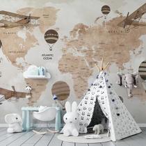 Papel De Parede Infantil De Mapa Mundi Vintage Com Aviões