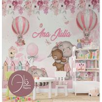 Papel de Parede Infantil Personalizado Balões, Coelhinhos e Flores Decoração Encantadora