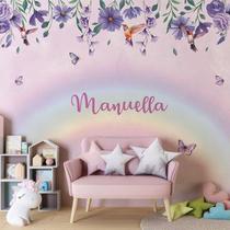 Papel de Parede Infantil Personalizado com Nome Arco-Íris, Flores e Borboletas