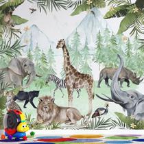 Papel de Parede Infantil Safari Aquarelado Selva Encantada e Animais Selvagens Papel de Parede Infantil Safari Aquarelado Selva Encantada e Animais Selvagens