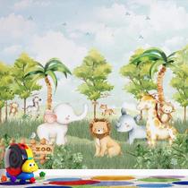 Papel de Parede Infantil Safari Encantado Animais da Selva e Natureza