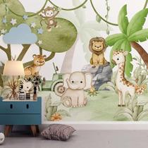 Papel de Parede Infantil Safari Encantado Animais Fofinhos e Floresta Mágica