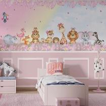Papel de Parede Infantil Safari Rosa Encantado Animais e Arco-Íris