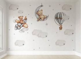 Papel de Parede Infantil Urso Dormindo Lua Quarto Menino -- M²