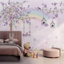 Papel de parede jardim encantado lilás em tom pastel com borboletas Papel de parede jardim encantado lilás em tom pastel com borboletas