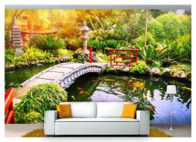 Papel De Parede Jardim Japonês Ponte Carpas 3D Jjp16