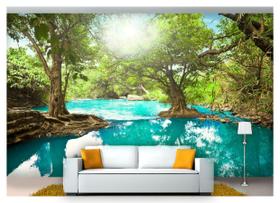 Papel De Parede Lago Azul Floresta Árvore 3D Nlk135