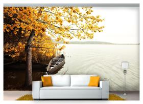 Papel De Parede Lago Canoa Árvore Outono 3D Nlk136 3M²