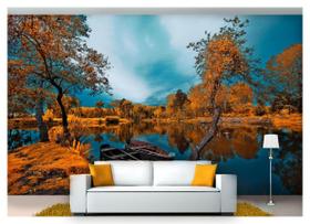 Papel De Parede Lago Canoa Árvore Outono 3D Nlk147 3M²
