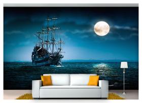 Papel De Parede Lua Cheia Noite Mar Galeão 3D Lua07