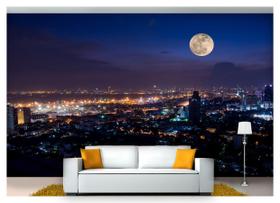 Papel De Parede Lua Noite Cidade Prédios 3D Nsk78