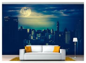Papel De Parede Lua Noite Cidade Prédios 3D Nsk79