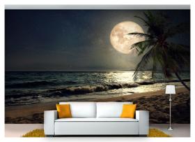 Papel De Parede Lua Noite Praia Coqueiro 3D Nsk76