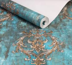 Papel De Parede Magnific Arabesco Medalhão Vintage Azul e Dourado Vinílico Rolo De 10M