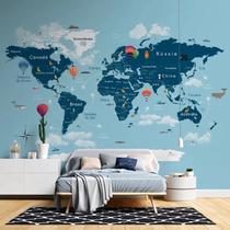 Papel de Parede Mapa Mundi Infantil de Balões tons de azul