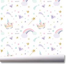 Papel de parede menina unicórnio arco íris estrelas A68 - Quartinho Decorado