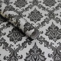 Papel de Parede Micpolo 45 x 300 cm Preto e Prata Estilo Damasco Vinílico