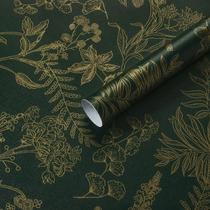 Papel de parede Micpolo Peel and Stick Verde escuro e dourado floral