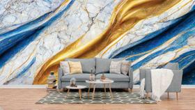 Papel de Parede Painel 3D Mármore Branco Azul Dourado 4M Auto Colante Revestimento Brilhoso