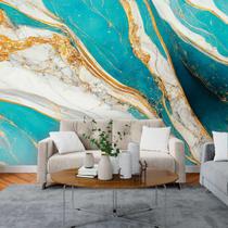 Papel de Parede Painel 3D Mármore Branco Azul e Amarelo 3M Auto Colante Lavável Revestimento