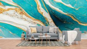 Papel de Parede Painel 3D Mármore Branco Azul e Amarelo 4M Auto Colante Lavável Revestimento