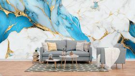 Papel de Parede Painel 3D Mármore Branco Dourado Azul 4M Revestimento Auto Colante Brilho