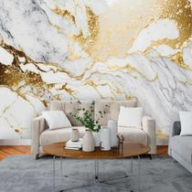 Papel de Parede Painel 3D Mármore Branco e Dourado 3M Auto Colante Lavável Revestimento Brilhoso