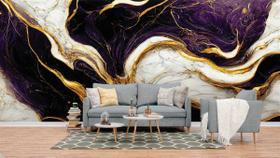 Papel de Parede Painel 3D Mármore Branco Ouro Roxo 4M Revestimento Auto Colante Brilho Marmorizado