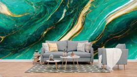 Papel de Parede Painel 3D Mármore Verde e Dourado 4M Revestimento Auto Colante Brilho Marmorizado