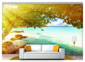 Papel De Parede Praia Mar Árvore Pedras 3D Npr214