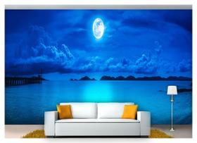 Papel De Parede Praia Mar Lua Cheia Céu 3D Npr225
