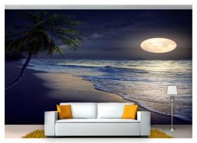 Papel De Parede Praia Mar Lua Cheia Noite 3D Npr211