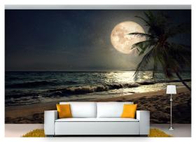 Papel De Parede Praia Mar Lua Cheia Noite 3D Npr212